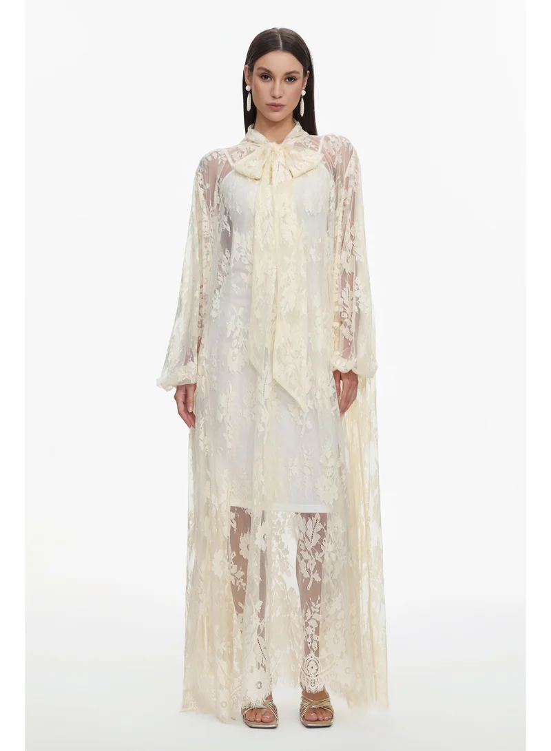 Bella Barnett Deliyn Resort Flowy Long Sleeve Embroidered Mesh Lace Yellow Maxi Dress